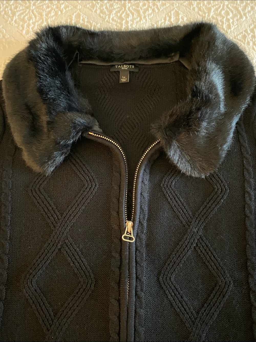 Talbots Black Knit Zip Cardigan with Faux Fur Trim • Petite Large